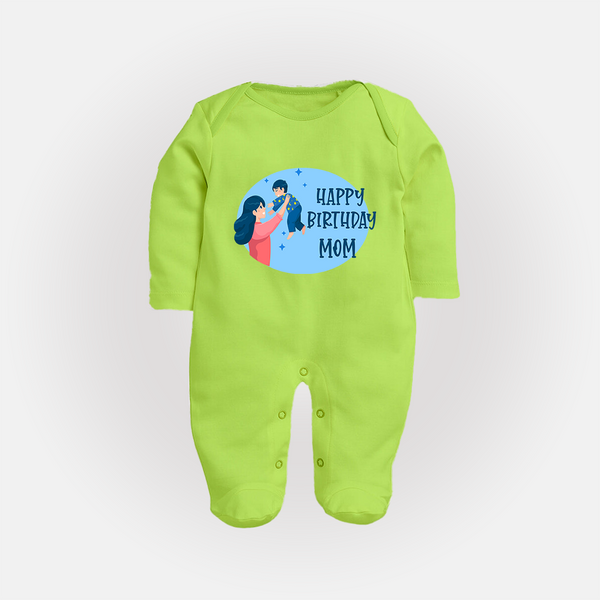 Happy Birthday Mom Baby Sleep Suit/Full Sleeve Romper | Soft Cotton Outfit for Newborns - LIME GREEN - New Born (Chest 7.5")