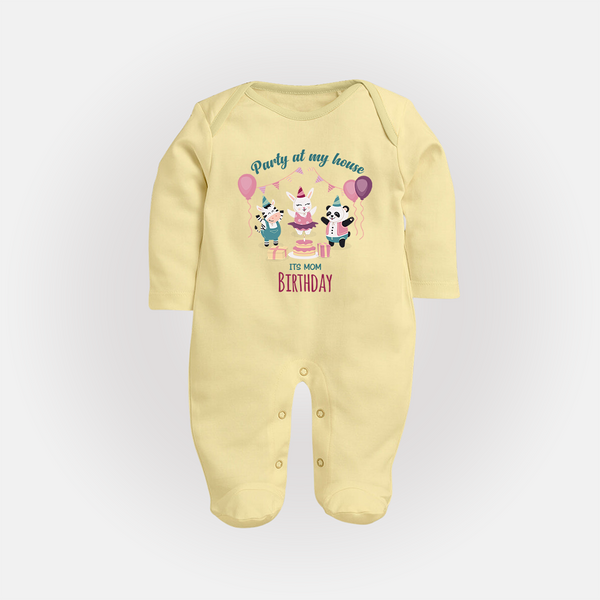 "Happy Birthday Mom - Stylish Baby Sleep Suit To Share The Joy" - PASTEL YELLOW - New Born (Chest 7.5")