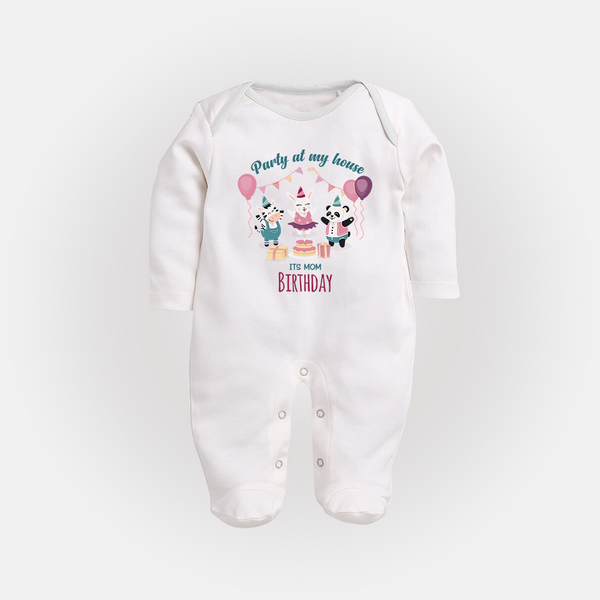 "Happy Birthday Mom - Stylish Baby Sleep Suit To Share The Joy" - WHITE - New Born (Chest 7.5")