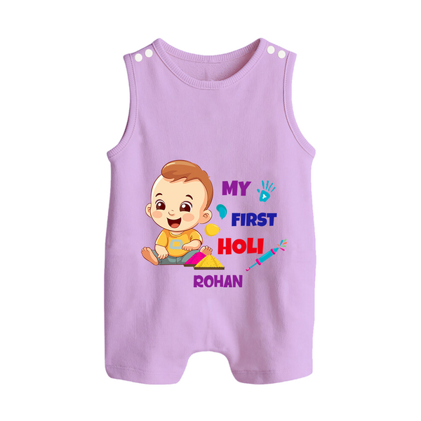 My First Holi - A Splash Of Colors & Joy With Our Customized Romper Suit For Babies With Name - LILAC - 0 - 5 Months Old (Chest 18")