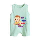 My First Holi - A Splash Of Colors & Joy With Our Customized Romper Suit For Babies With Name - MINT GREEN - 0 - 5 Months Old (Chest 18")