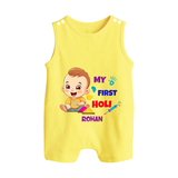 My First Holi - A Splash Of Colors & Joy With Our Customized Romper Suit For Babies With Name - PASTEL YELLOW - 0 - 5 Months Old (Chest 18")