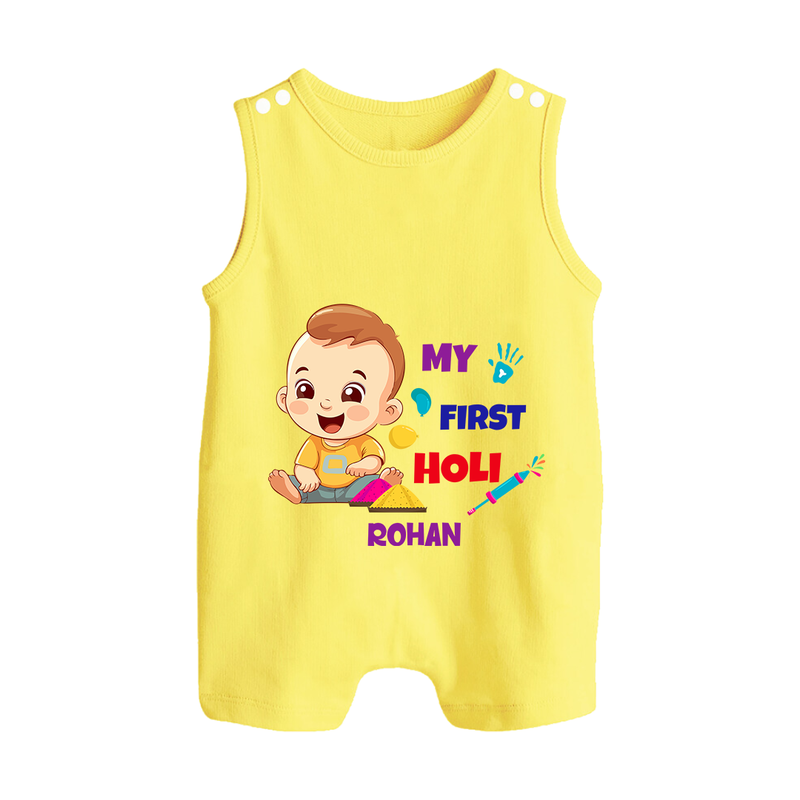 My First Holi - A Splash Of Colors & Joy With Our Customized Romper Suit For Babies With Name - PASTEL YELLOW - 0 - 5 Months Old (Chest 18")