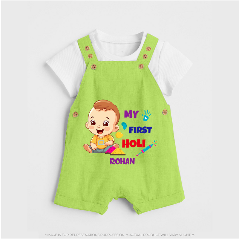 My First Holi - A Splash Of Colors & Joy With Our Customized Dungaree Set For Kids With Name - GREEN - 0 - 5 Months Old (Chest 18")