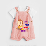 My First Holi - A Splash Of Colors & Joy With Our Customized Dungaree Set For Kids With Name - PEACH - 0 - 5 Months Old (Chest 18")