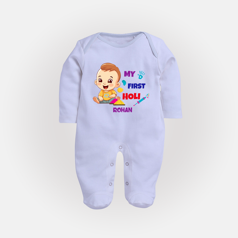 My First Holi - A Splash Of Colors & Joy With Our Customized Sleep Suit For Babies With Name - BABY BLUE - New Born (Chest 7.5")