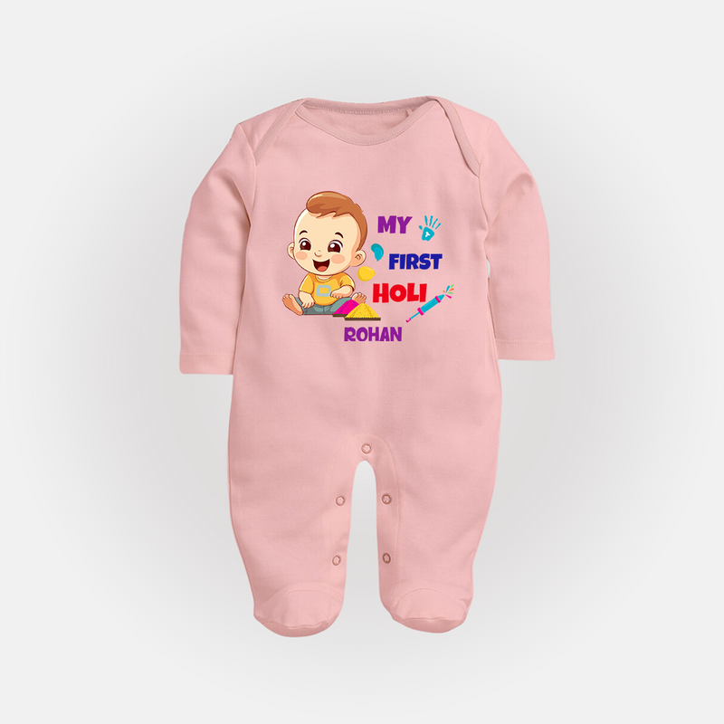 My First Holi - A Splash Of Colors & Joy With Our Customized Sleep Suit For Babies With Name - BABY PINK - New Born (Chest 7.5")