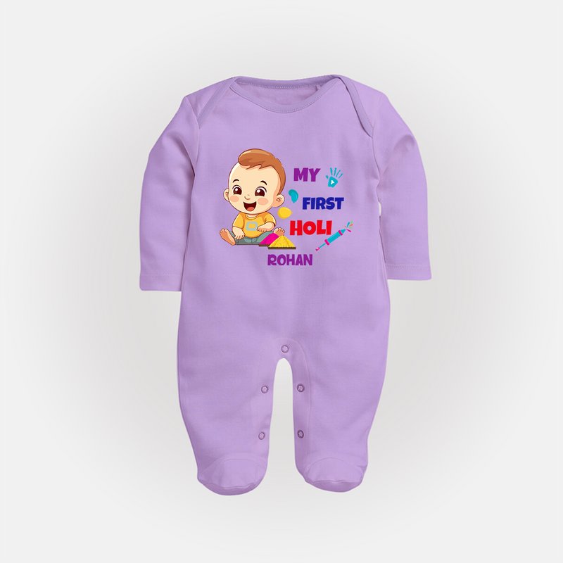 My First Holi - A Splash Of Colors & Joy With Our Customized Sleep Suit For Babies With Name - LILAC - New Born (Chest 7.5")