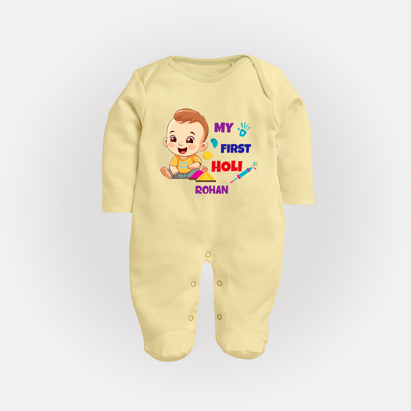 My First Holi - A Splash Of Colors & Joy With Our Customized Sleep Suit For Babies With Name - PASTEL YELLOW - New Born (Chest 7.5")