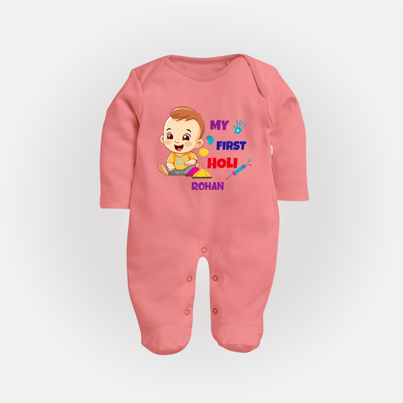 My First Holi - A Splash Of Colors & Joy With Our Customized Sleep Suit For Babies With Name - PEACH - New Born (Chest 7.5")