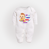 My First Holi - A Splash Of Colors & Joy With Our Customized Sleep Suit For Babies With Name - WHITE - New Born (Chest 7.5")