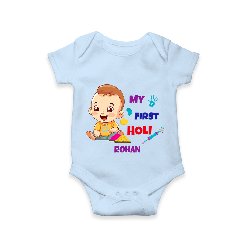 My First Holi - A Splash Of Colors & Joy With Our Customized Romper For Babies With Name - BABY BLUE - 0 - 3 Months Old (Chest 16")