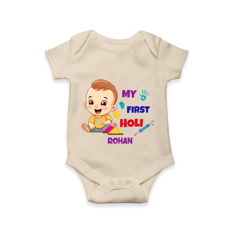 My First Holi - A Splash Of Colors & Joy With Our Customized Romper For Babies With Name - IVORY - 0 - 3 Months Old (Chest 16")