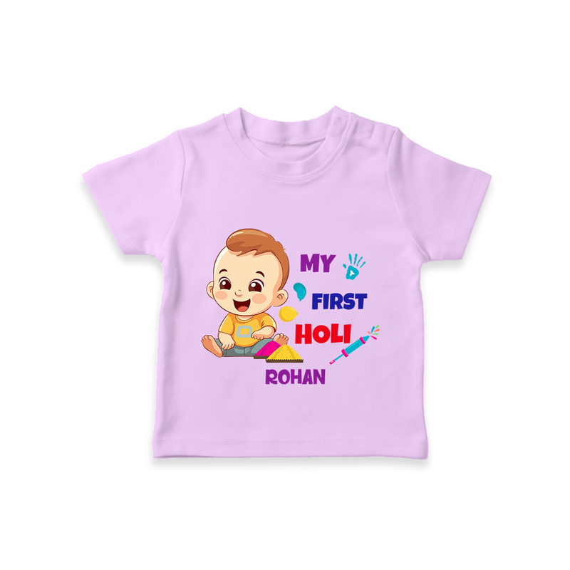 My First Holi - A Splash Of Colors & Joy With Our Customized T-Shirt For Kids With Name - LILAC - 0-5 Months Old (Chest 17")