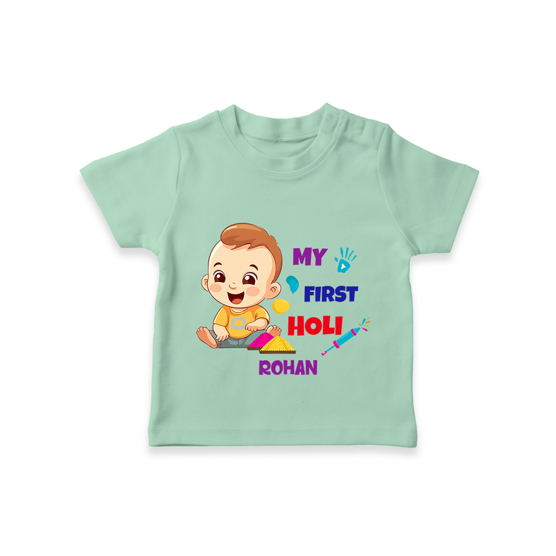 My First Holi - A Splash Of Colors & Joy With Our Customized T-Shirt For Kids With Name - MINT GREEN - 0-5 Months Old (Chest 17")