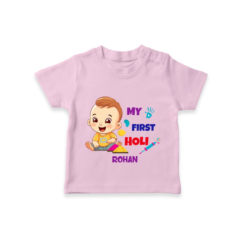 My First Holi - A Splash Of Colors & Joy With Our Customized T-Shirt For Kids With Name - PINK - 0-5 Months Old (Chest 17")