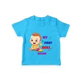 My First Holi - A Splash Of Colors & Joy With Our Customized T-Shirt For Kids With Name - SKY BLUE - 0-5 Months Old (Chest 17")