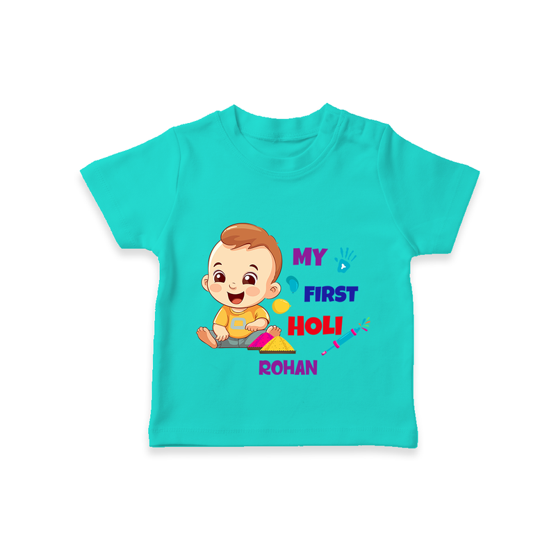 My First Holi - A Splash Of Colors & Joy With Our Customized T-Shirt For Kids With Name - TEAL - 0-5 Months Old (Chest 17")