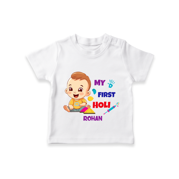 My First Holi - A Splash Of Colors & Joy With Our Customized T-Shirt For Kids With Name - WHITE - 0-5 Months Old (Chest 17")