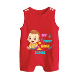 My First Holi - A Splash Of Colors & Joy With Our Customized Romper Suit For Babies With Name - RED - 0 - 5 Months Old (Chest 18")