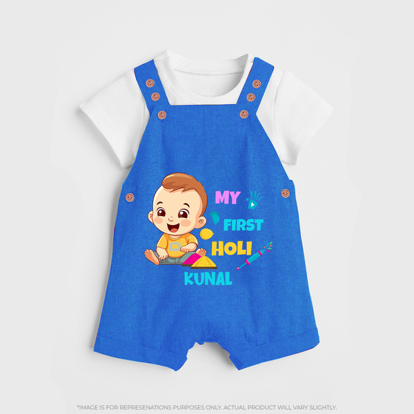 My First Holi - A Splash Of Colors & Joy With Our Customized Dungaree Set For Kids With Name - COBALT BLUE - 0 - 5 Months Old (Chest 18")