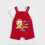 My First Holi - A Splash Of Colors & Joy With Our Customized Dungaree Set For Kids With Name - RED - 0 - 5 Months Old (Chest 18")