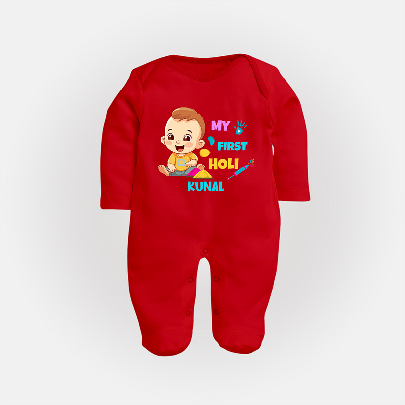 My First Holi - A Splash Of Colors & Joy With Our Customized Sleep Suit For Babies With Name - RED - New Born (Chest 7.5")