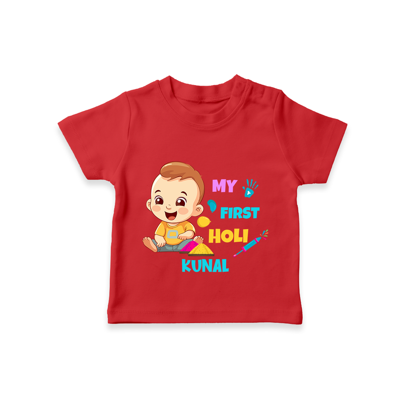 My First Holi - A Splash Of Colors & Joy With Our Customized T-Shirt For Kids With Name - RED - 0-5 Months Old (Chest 17")