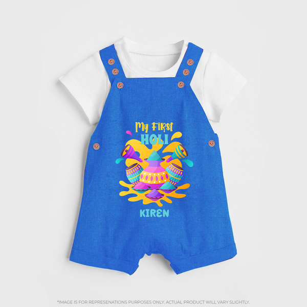 My First Holi - Dipped In Colors & Happiness With Our Customized Dungaree Set For Kids With Name - COBALT BLUE - 0 - 5 Months Old (Chest 18")