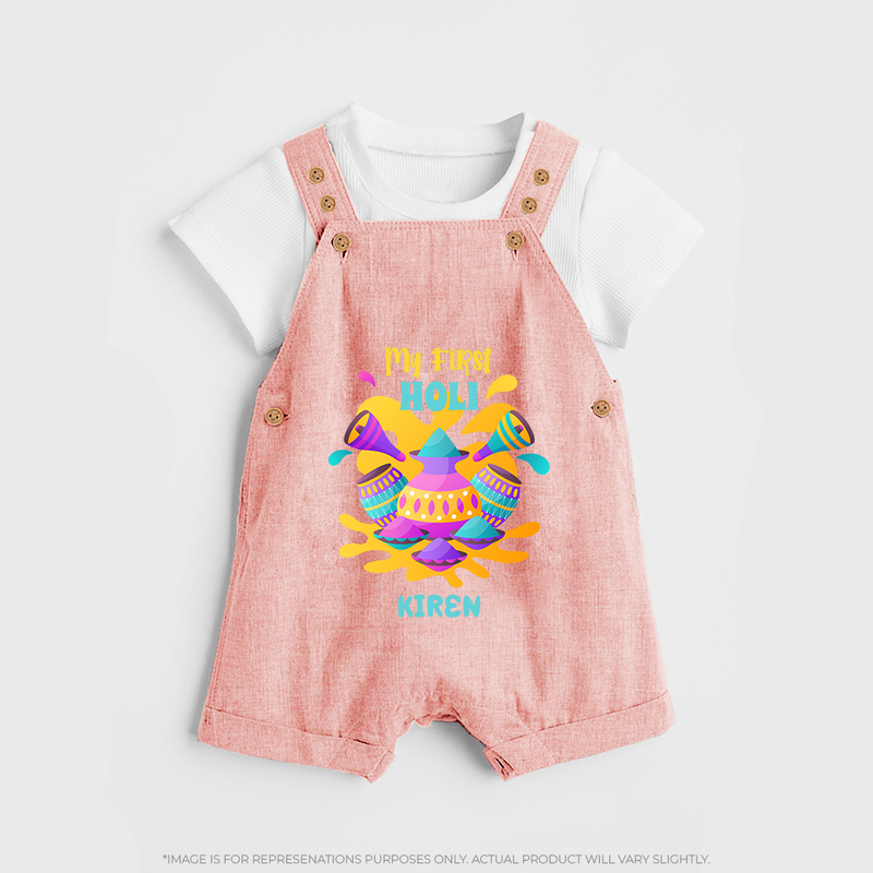 My First Holi - Dipped In Colors & Happiness With Our Customized Dungaree Set For Kids With Name - PEACH - 0 - 5 Months Old (Chest 18")