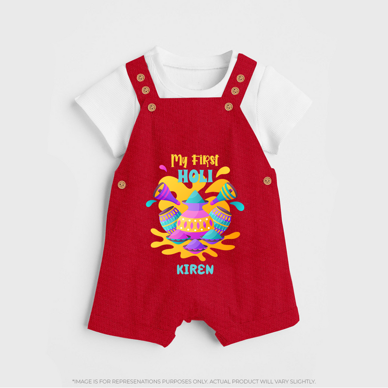 My First Holi - Dipped In Colors & Happiness With Our Customized Dungaree Set For Kids With Name - RED - 0 - 5 Months Old (Chest 18")