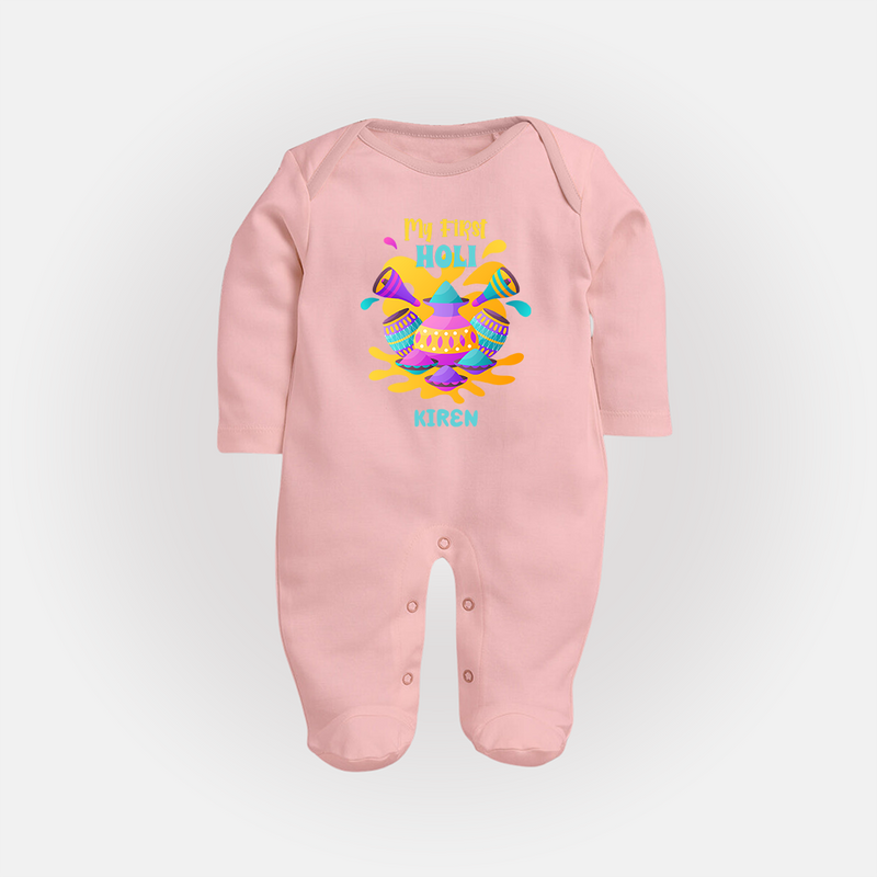 My First Holi - Dipped In Colors & Happiness With Our Customized Sleep Suit For Babies With Name - BABY PINK - New Born (Chest 7.5")