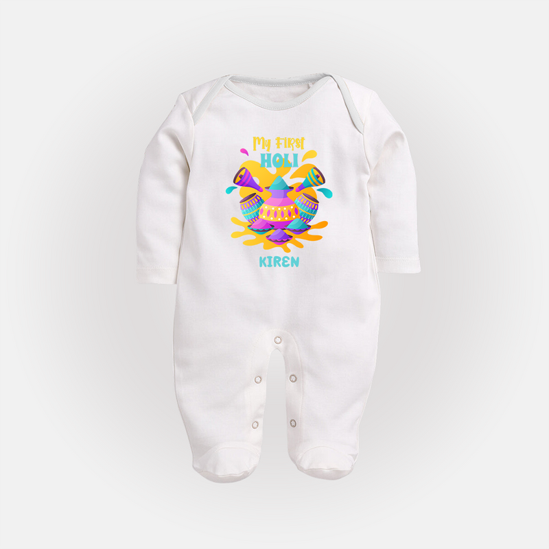 My First Holi - Dipped In Colors & Happiness With Our Customized Sleep Suit For Babies With Name - WHITE - New Born (Chest 7.5")