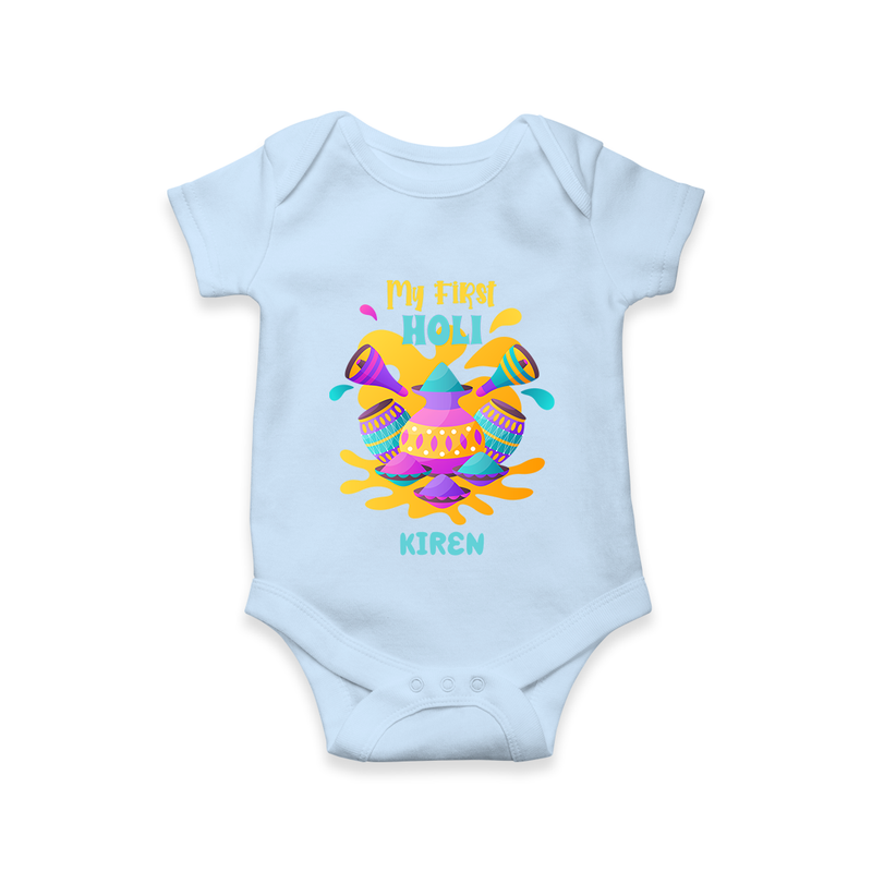 My First Holi - Dipped In Colors & Happiness With Our Customized Romper For Babies With Name - BABY BLUE - 0 - 3 Months Old (Chest 16")