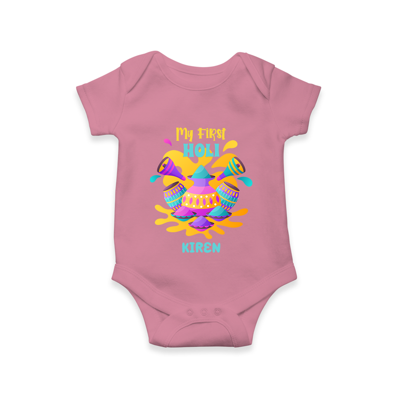 My First Holi - Dipped In Colors & Happiness With Our Customized Romper For Babies With Name - ONION - 0 - 3 Months Old (Chest 16")