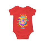 My First Holi - Dipped In Colors & Happiness With Our Customized Romper For Babies With Name - RED - 0 - 3 Months Old (Chest 16")