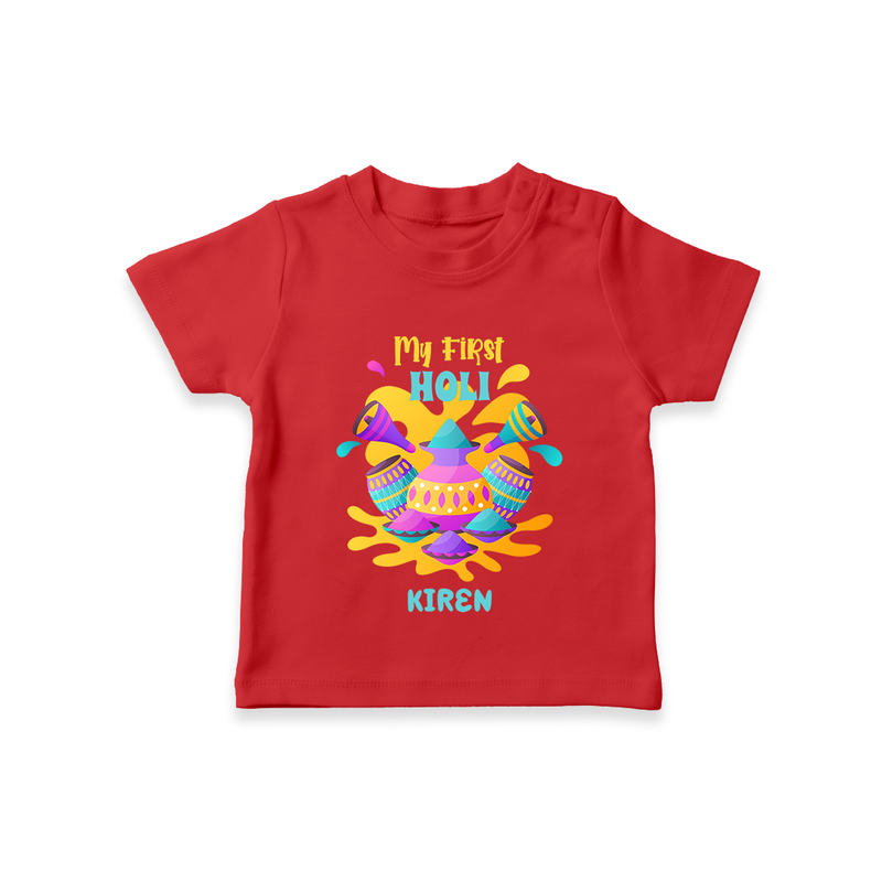 My First Holi - Dipped In Colors & Happiness With Our Customized T-Shirt For Kids With Name - RED - 0-5 Months Old (Chest 17")