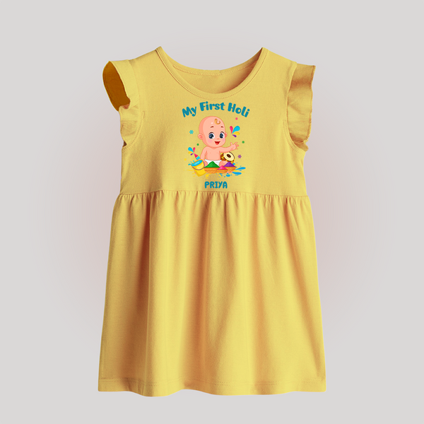 My First Holi - A Festival Of Fun & Love With Our Customized Baby Frock For Babies With Name - YELLOW - 0 - 3 Months Old (Chest 17")