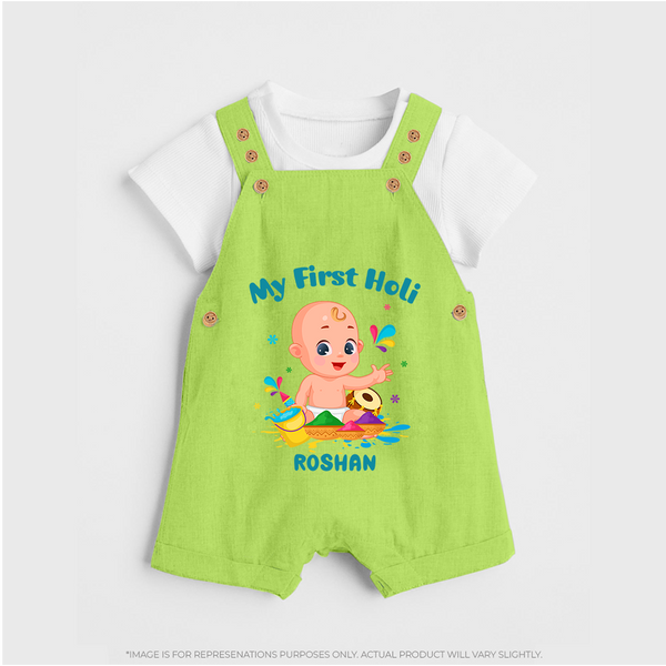 My First Holi - A Festival Of Fun & Love With Our Customized Dungaree Set For Kids With Name - GREEN - 0 - 5 Months Old (Chest 18")