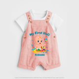 My First Holi - A Festival Of Fun & Love With Our Customized Dungaree Set For Kids With Name - PEACH - 0 - 5 Months Old (Chest 18")