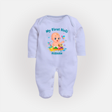 My First Holi - A Festival Of Fun & Love With Our Customized Sleep Suit For Babies With Name - BABY BLUE - New Born (Chest 7.5")