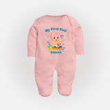 My First Holi - A Festival Of Fun & Love With Our Customized Sleep Suit For Babies With Name - BABY PINK - New Born (Chest 7.5")