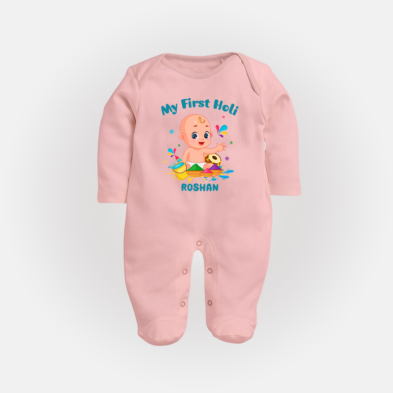 My First Holi - A Festival Of Fun & Love With Our Customized Sleep Suit For Babies With Name - BABY PINK - New Born (Chest 7.5")