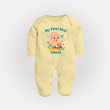 My First Holi - A Festival Of Fun & Love With Our Customized Sleep Suit For Babies With Name - PASTEL YELLOW - New Born (Chest 7.5")