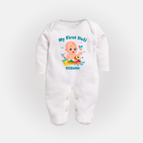 My First Holi - A Festival Of Fun & Love With Our Customized Sleep Suit For Babies With Name - WHITE - New Born (Chest 7.5")