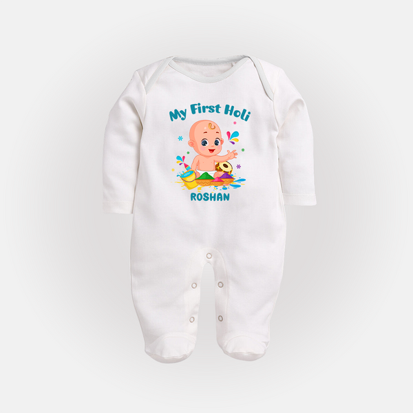 My First Holi - A Festival Of Fun & Love With Our Customized Sleep Suit For Babies With Name - WHITE - New Born (Chest 7.5")