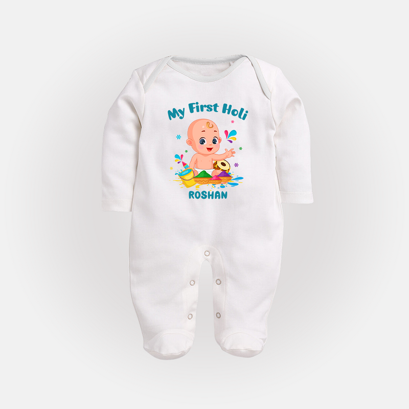 My First Holi - A Festival Of Fun & Love With Our Customized Sleep Suit For Babies With Name - WHITE - New Born (Chest 7.5")