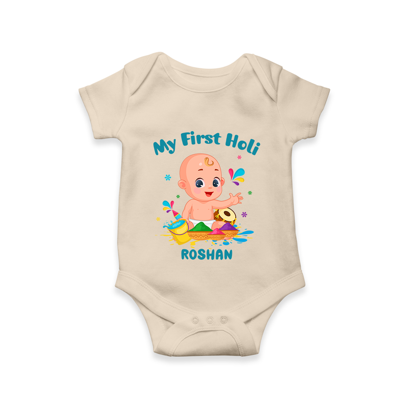 My First Holi - A Festival Of Fun & Love With Our Customized Romper For Babies With Name - IVORY - 0 - 3 Months Old (Chest 16")