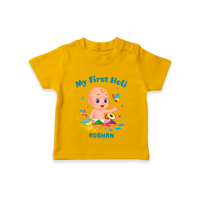 My First Holi - A Festival Of Fun & Love With Our Customized T-Shirt For Kids With Name - CHROME YELLOW - 0-5 Months Old (Chest 17")