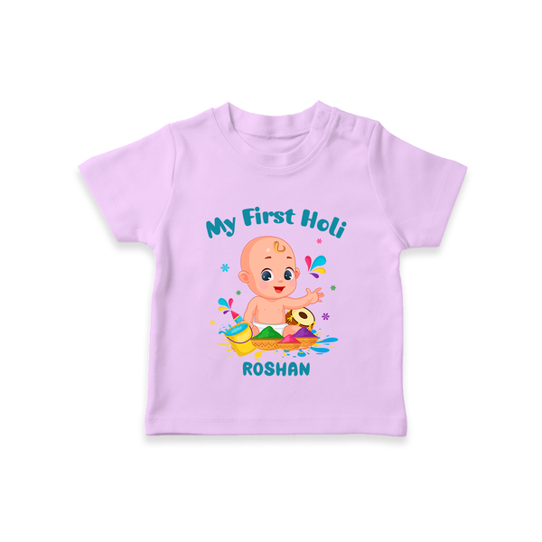 My First Holi - A Festival Of Fun & Love With Our Customized T-Shirt For Kids With Name - LILAC - 0-5 Months Old (Chest 17")